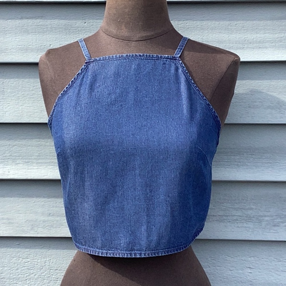 Express Blue Denim Cropped Halter Tank Top